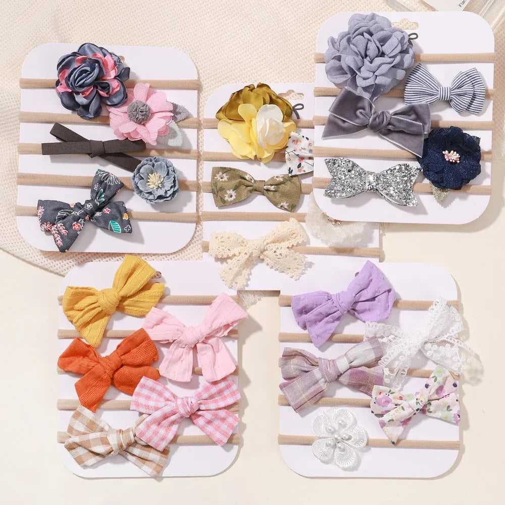 5 unids/lote, diadema elástica de nailon para bebé, banda para la cabeza con lazo de encaje y flores para recién nacido, accesorios suaves para el cabello para niña pequeña