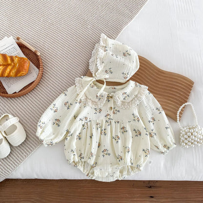 2025 primavera recién nacido bebé niñas mameluco + sombrero 2 uds solapa peleles florales niños moda ropa de bebé recién nacido niña mono