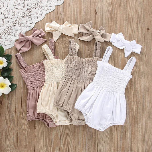 Pelele fruncido para bebé niña, ropa informal sin mangas para recién nacido con diadema, mono de verano, traje bonito para niño pequeño