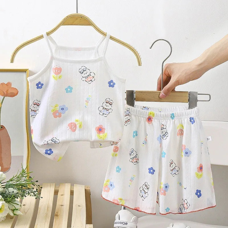 Camisola con tirantes y pantalones cortos para niña, conjunto de 2 piezas de algodón suave, pijama con estampado de dibujos animados, moda de verano, ropa informal para el hogar