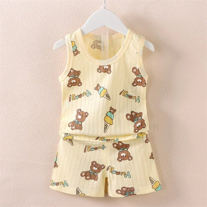 Pijamas de verano para niños, chaleco + Pantalones cortos, conjunto de ropa de 2 piezas, ropa informal de algodón con dibujos de León y jirafa para niños y niñas de 0 a 4 años