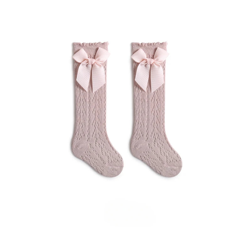 Calcetines de verano para niñas pequeñas, calcetín largo con lazo para niños hasta la rodilla, medias de malla de algodón suave, calcetines de encaje calados de estilo español de 0 a 3 años