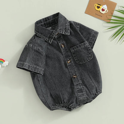 Mono vaquero para recién nacidos, niños y niñas, mono liso de manga corta con cuello vuelto, monos para bebés, monos informales con botones de verano