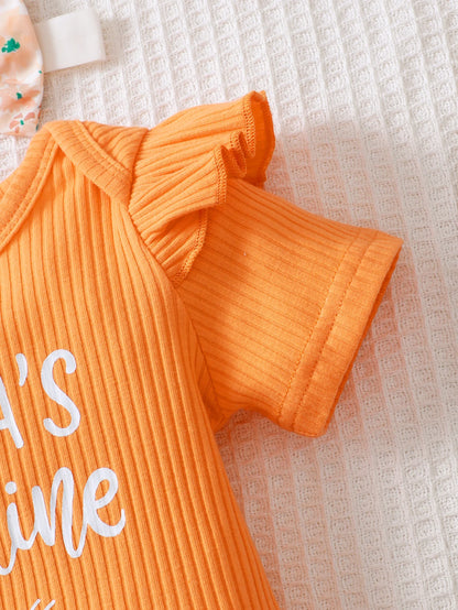 Conjunto de tres piezas de algodón para niña recién nacida, Top de manga corta con diadema, pantalones cortos con estampado de letras, lazo, verano, 0 a 2 años