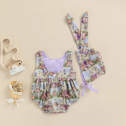 Traje de dos piezas para bebé y niña, pelele sin mangas con cuello redondo y espalda descubierta y gorro de corbata, estampado de conejo de Pascua