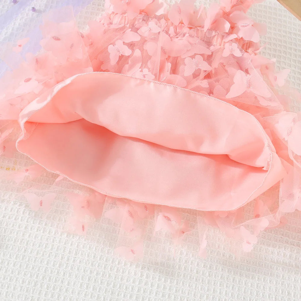 (0-3 años) novedad de verano, vestido para niñas, Color sólido, Halter, mariposa adornada, falda acampanada, vestido de princesa dulce de malla