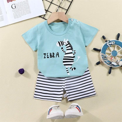 Camisetas de algodón + Pantalones cortos, conjunto de chándal de 2 piezas, traje de verano con estampado de dinosaurio y cebra de dibujos animados para niños y niñas, ropa para bebés de 1 a 6 años