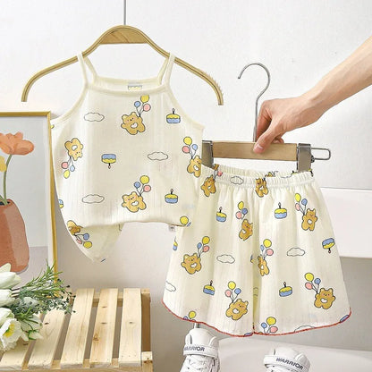 Camisola con tirantes y pantalones cortos para niña, conjunto de 2 piezas de algodón suave, pijama con estampado de dibujos animados, moda de verano, ropa informal para el hogar