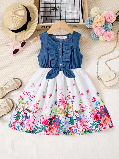 2025 nuevo vestido informal de estilo coreano de verano con bonito lazo estampado para niñas, ropa de fiesta de cumpleaños para niñas de 2 a 10 años