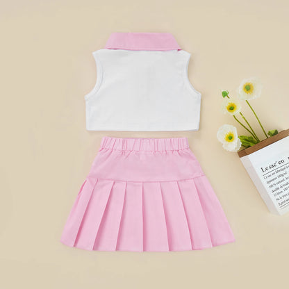 Conjunto de ropa de verano para niñas pequeñas, camiseta sin mangas con botones de solapa de retazos y Falda plisada, 2 a 7 años