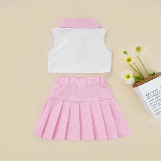 Conjunto de ropa de verano para niñas pequeñas, camiseta sin mangas con botones de solapa de retazos y Falda plisada, 2 a 7 años