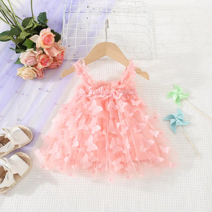 (0-3 años) novedad de verano, vestido para niñas, Color sólido, Halter, mariposa adornada, falda acampanada, vestido de princesa dulce de malla