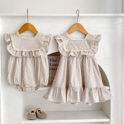 Ropa de moda para niñas de 0 a 6 años, vestido de encaje a rayas, novedad de verano, pelele para niñas, traje a juego para hermanas, vestidos de princesa