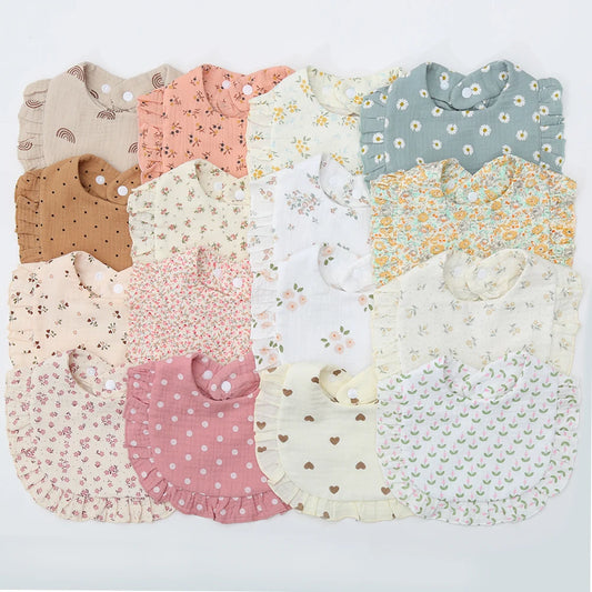 Baberos con estampado de flores para bebé, toalla de Saliva con broche ajustable, borde con volantes, paños para eructar de algodón y muselina, bufanda de alimentación para niñas de grado A de arcoíris