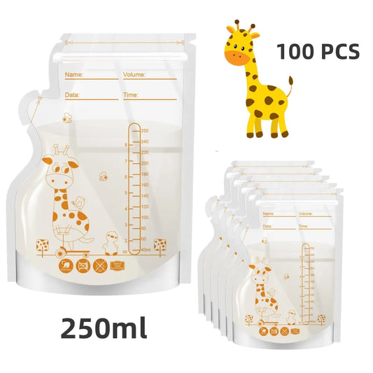 Bolsas de almacenamiento de leche materna de jirafa PE, 250ML 30 piezas/60 piezas por paquete, etiquetas preadhesivas, sin BPA, a prueba de fugas,