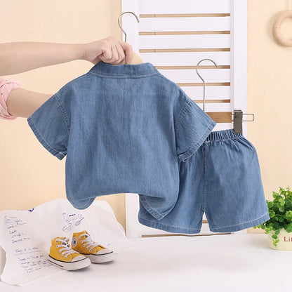 Nuevos conjuntos de ropa vaquera de verano para niños, camiseta Lerrer de dibujos animados a la moda para niños, pantalones cortos, 2 uds., trajes informales para bebés