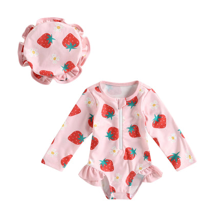 Traje de baño de manga larga para bebé y niña pequeña, Bañador con estampado de fresas y sombrero para el sol, 6M-3T