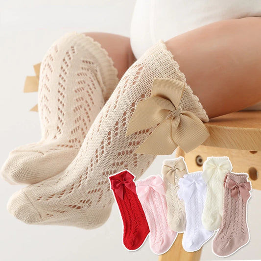 Calcetines de verano para niñas pequeñas, calcetín largo con lazo para niños hasta la rodilla, medias de malla de algodón suave, calcetines de encaje calados de estilo español de 0 a 3 años