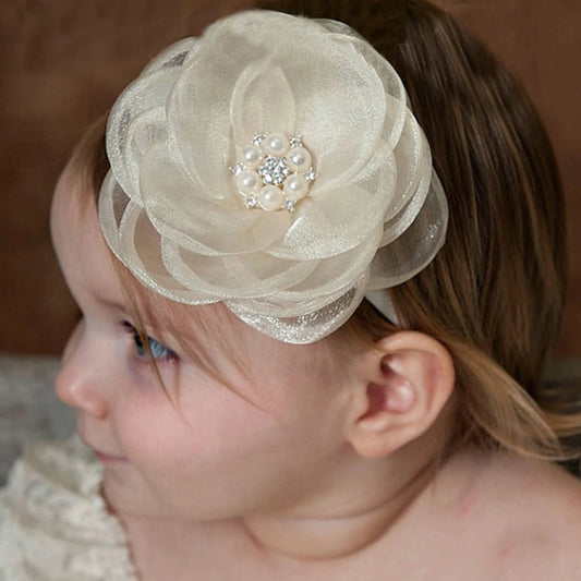 Boutique, diadema de flores de gasa de gran tamaño para niña, accesorios para el cabello, diadema de nailon con perlas de diamante para recién nacido, turbante para bebé bonito
