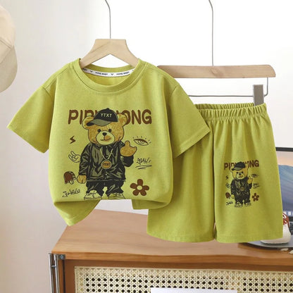 Camiseta y pantalones cortos de estilo coreano para niños de 1 a 12 años, conjuntos de ropa de 2 piezas, traje deportivo informal de verano con Oso de dibujos animados, a la moda