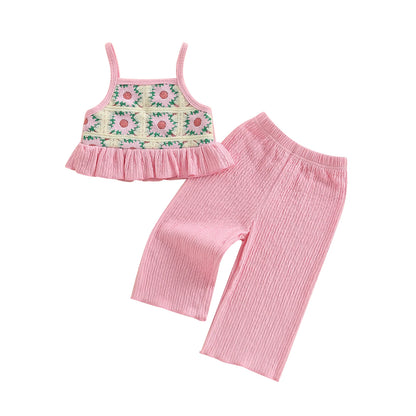 Pudcoco, conjunto de verano para niña pequeña con estampado de flores, tirantes finos con volantes, Tops sin mangas, pantalones de pierna ancha, conjunto de 2 uds 6M-4T