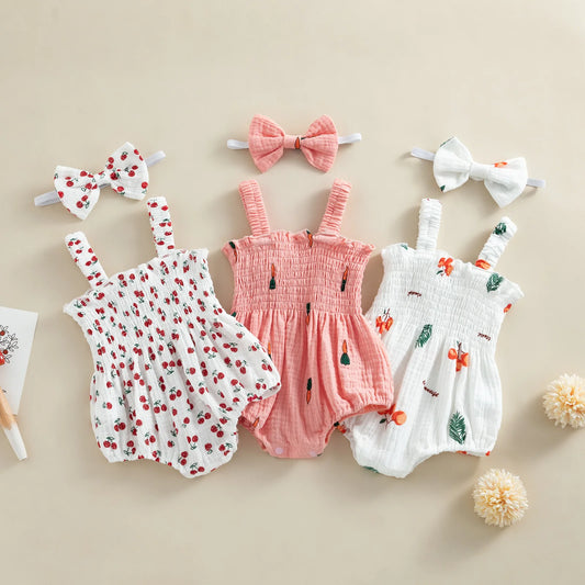 Pudcoco, 2 uds., trajes de verano para bebé recién nacido, pelele sin mangas con estampado de cereza/ zanahoria/árbol y diadema de 0 a 18M