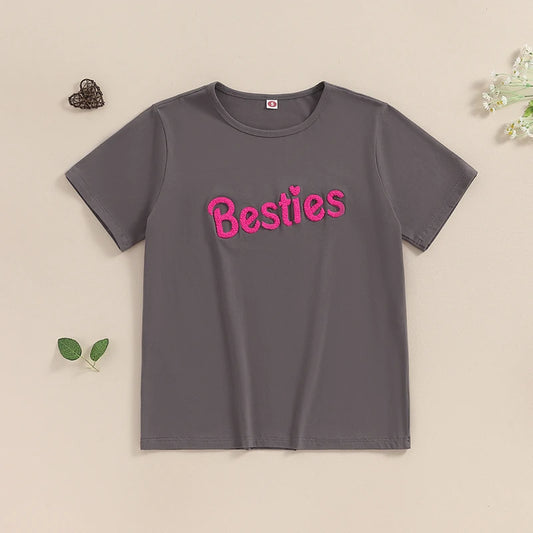 Ropa a juego para madre e hija, camiseta de manga corta con bordado de letras y cuello redondo para verano