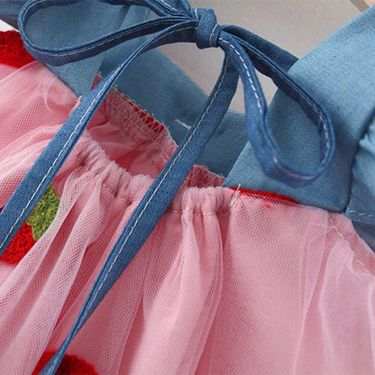 (0-3 años) novedad de verano, vestido para niñas, vestido pequeño con manga voladora y lazo para niños, vestido de princesa fresco con fresas bordadas