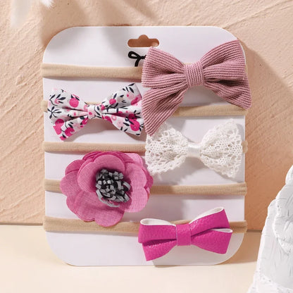 5 unids/lote, diadema elástica de nailon para bebé, banda para la cabeza con lazo de encaje y flores para recién nacido, accesorios suaves para el cabello para niña pequeña