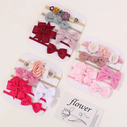 5 unids/lote, diadema elástica de nailon para bebé, banda para la cabeza con lazo de encaje y flores para recién nacido, accesorios suaves para el cabello para niña pequeña