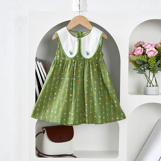 Summer Baby Kids Girls Floral Sleeveless Embroidery Collar Dress-0